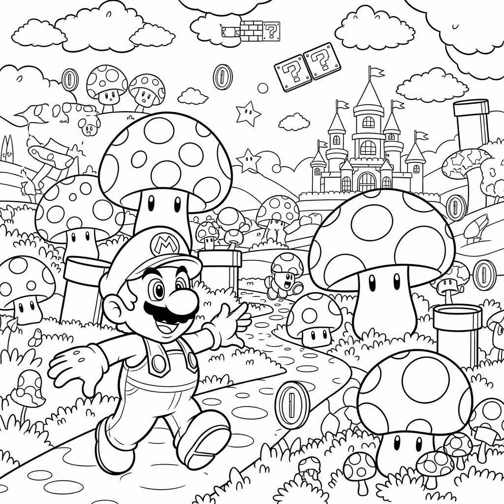 Desenho do Mario no Mundo dos Cogumelos para Colorir