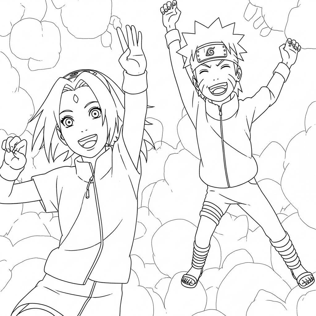 Naruto and Sakura Drawing in Simple Style to Color