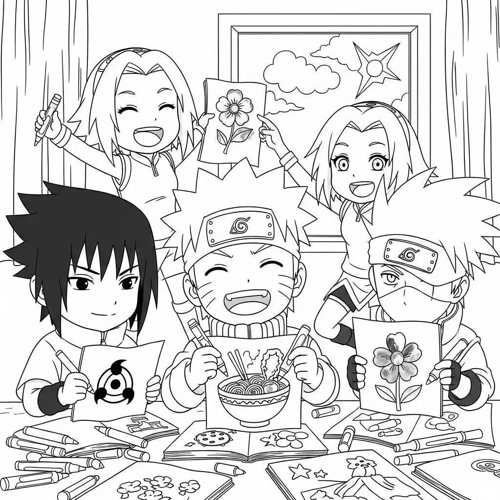 Desenho do Naruto e seus Amigos em Estilo Cute para Colorir