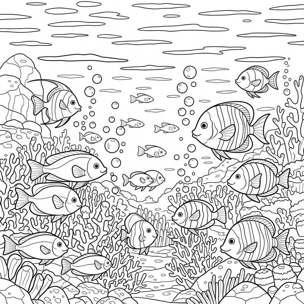 Disegno dell'oceano con pesci colorati da colorare
