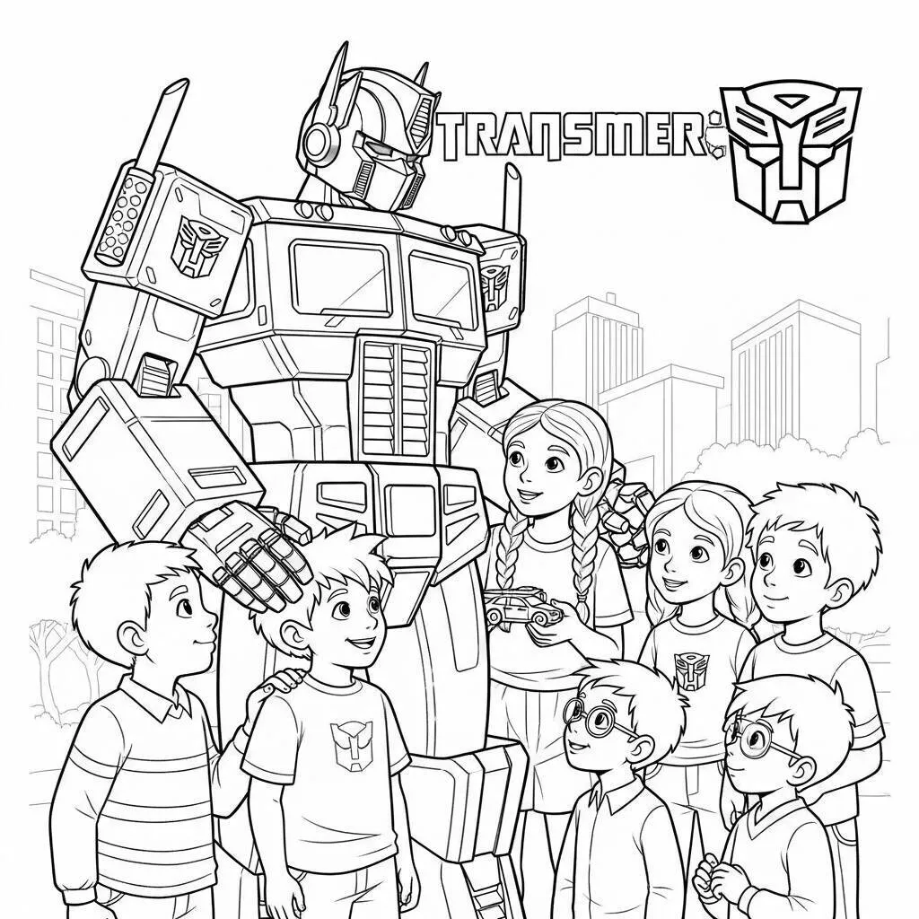 Desenho-do-Optimus-Prime-com-criancas-para-Colorir Desenho do Optimus Prime com crianças para Colorir