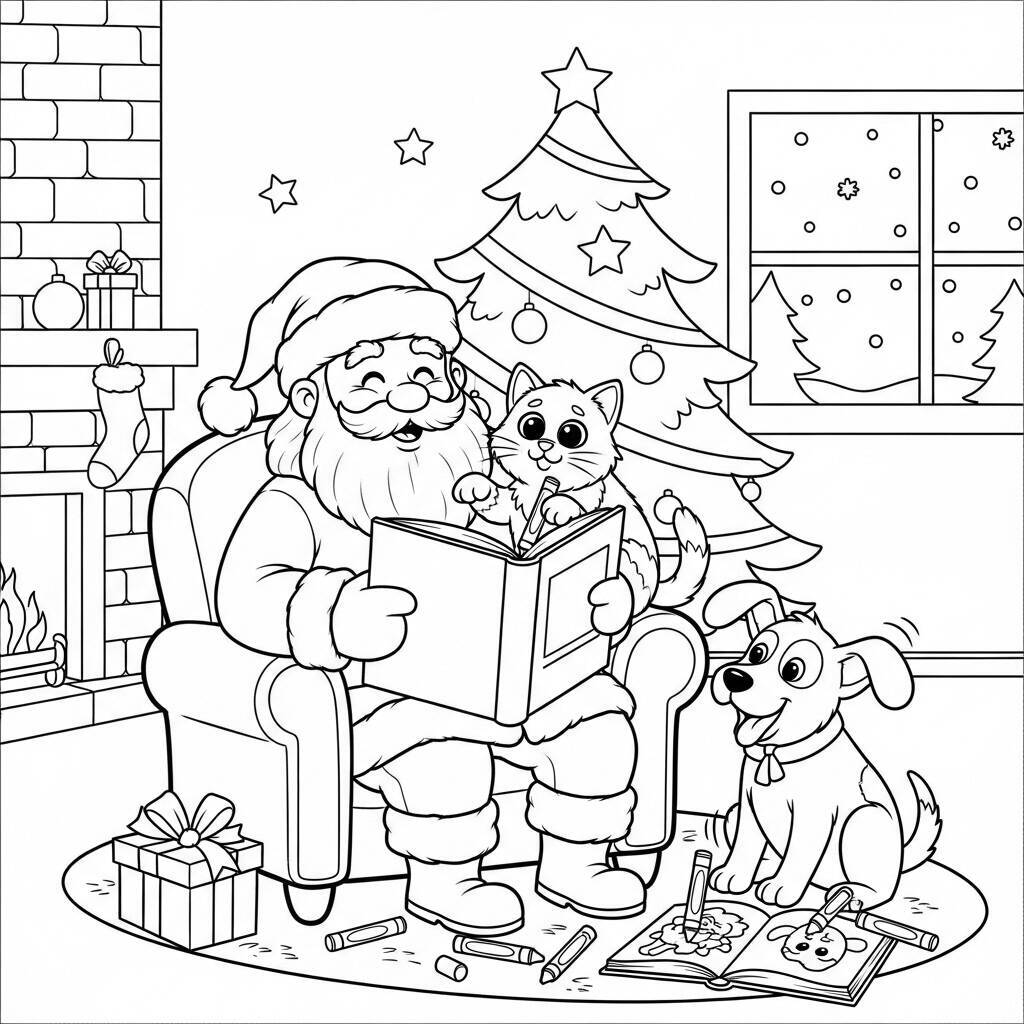 Desenho do Papai Noel com Animais para Colorir