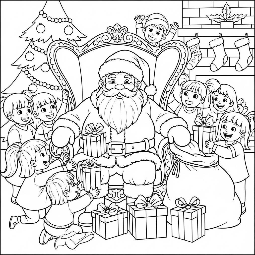 Desenho do Papai Noel com Crianças para Colorir