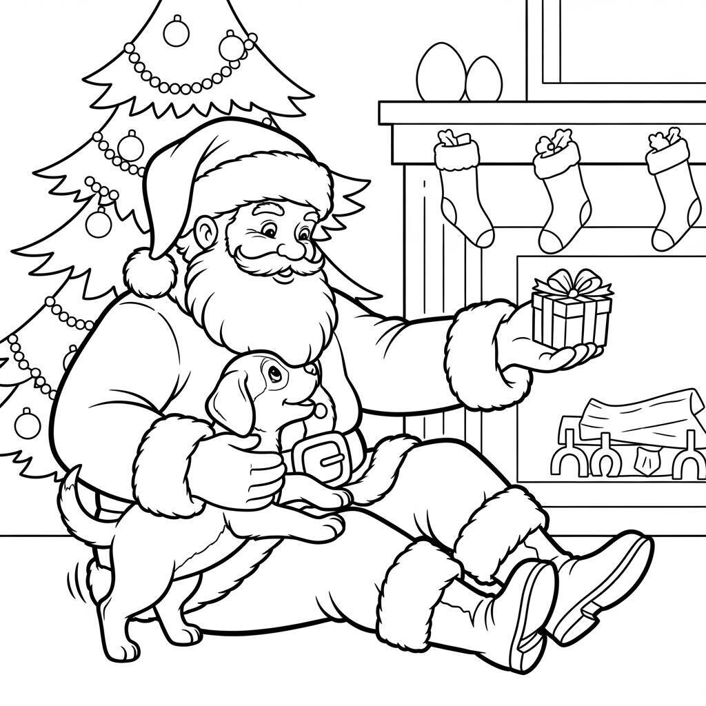 Desenho do Papai Noel com um Cãozinho para Colorir