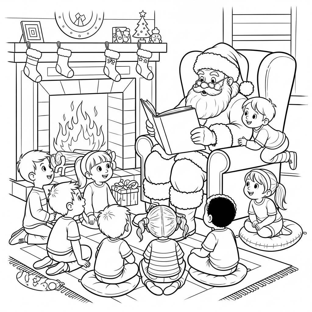 Desenho do Papai Noel com um Livro de Histórias para Colorir
