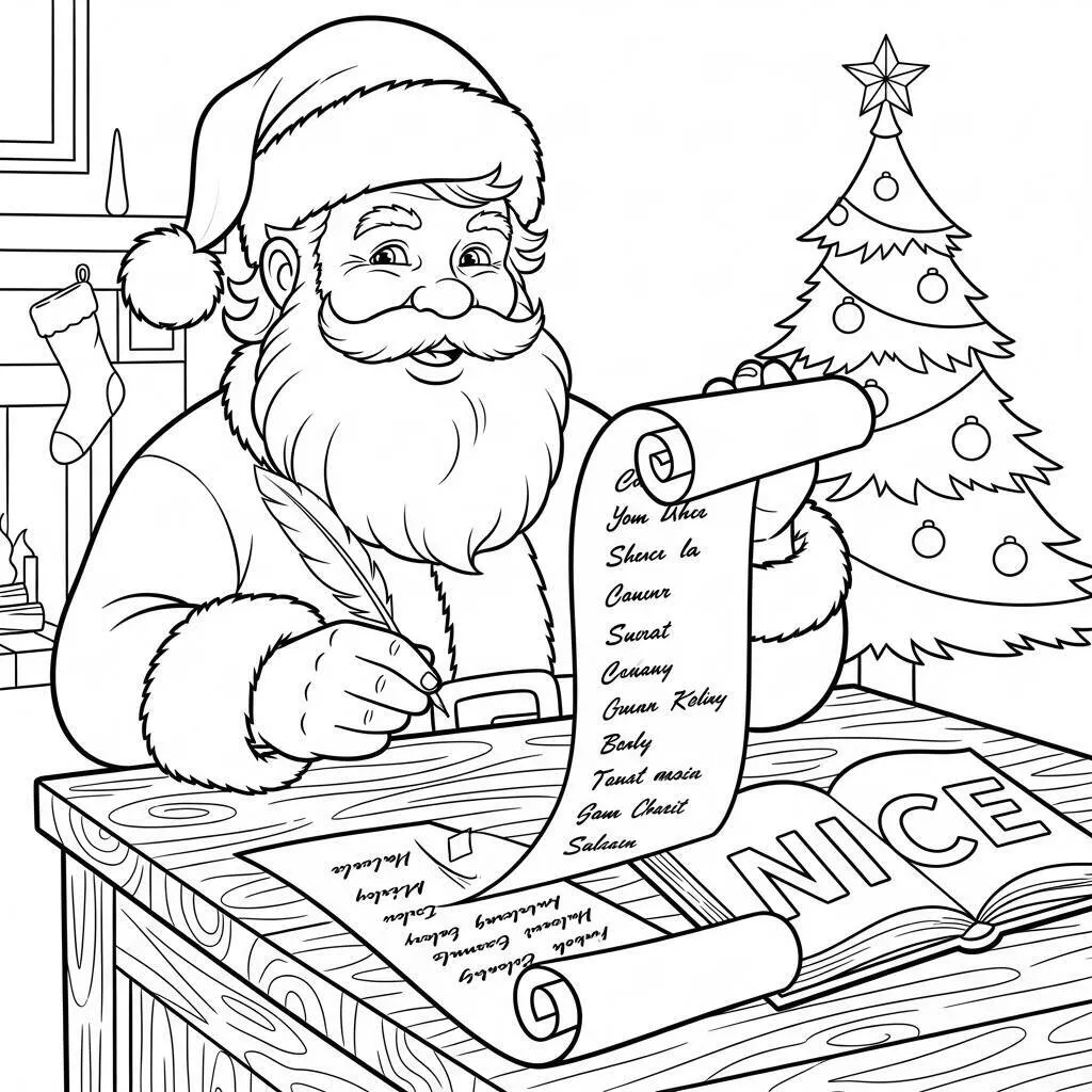 Desenho do Papai Noel com uma Lista de Presentes para Colorir