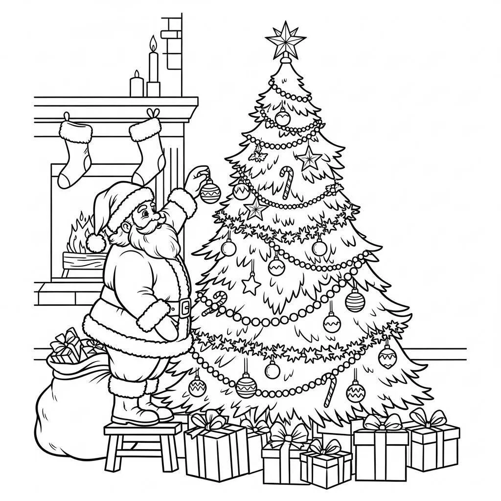 Desenho do Papai Noel e Árvore de Natal para Colorir