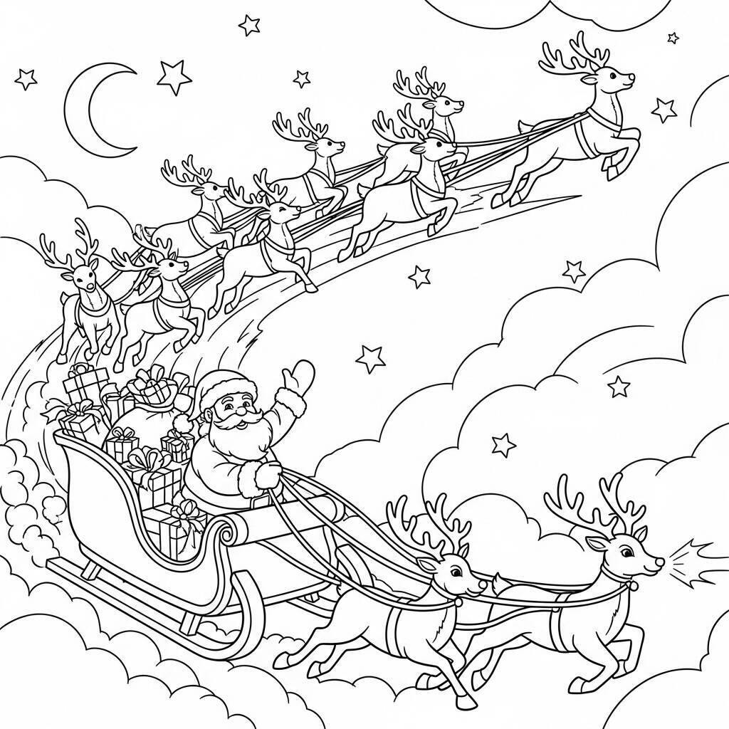 Desenho do Papai Noel e Renas para Colorir