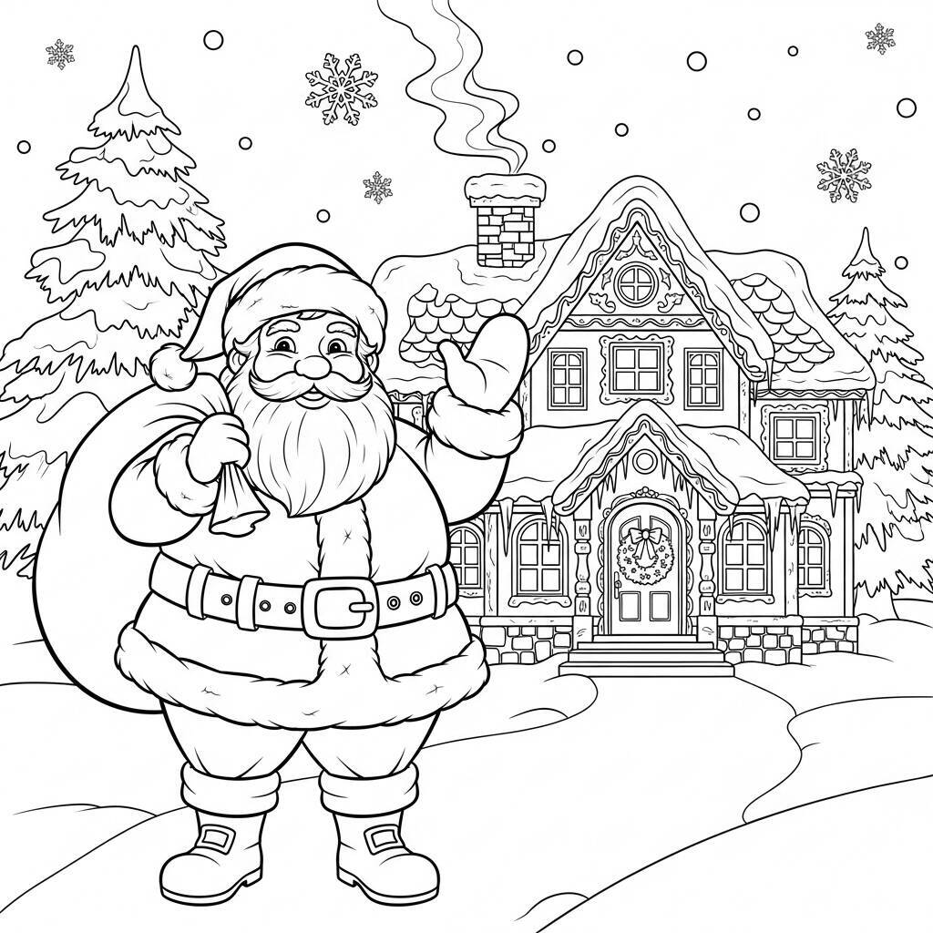 Desenho do Papai Noel e a Casa do Papai Noel para Colorir