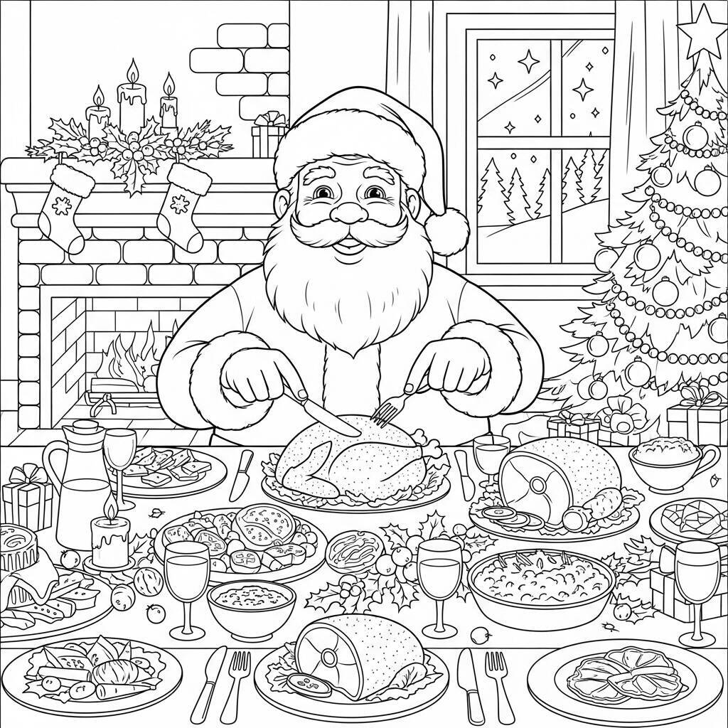 Desenho do Papai Noel e a Ceia de Natal para Colorir