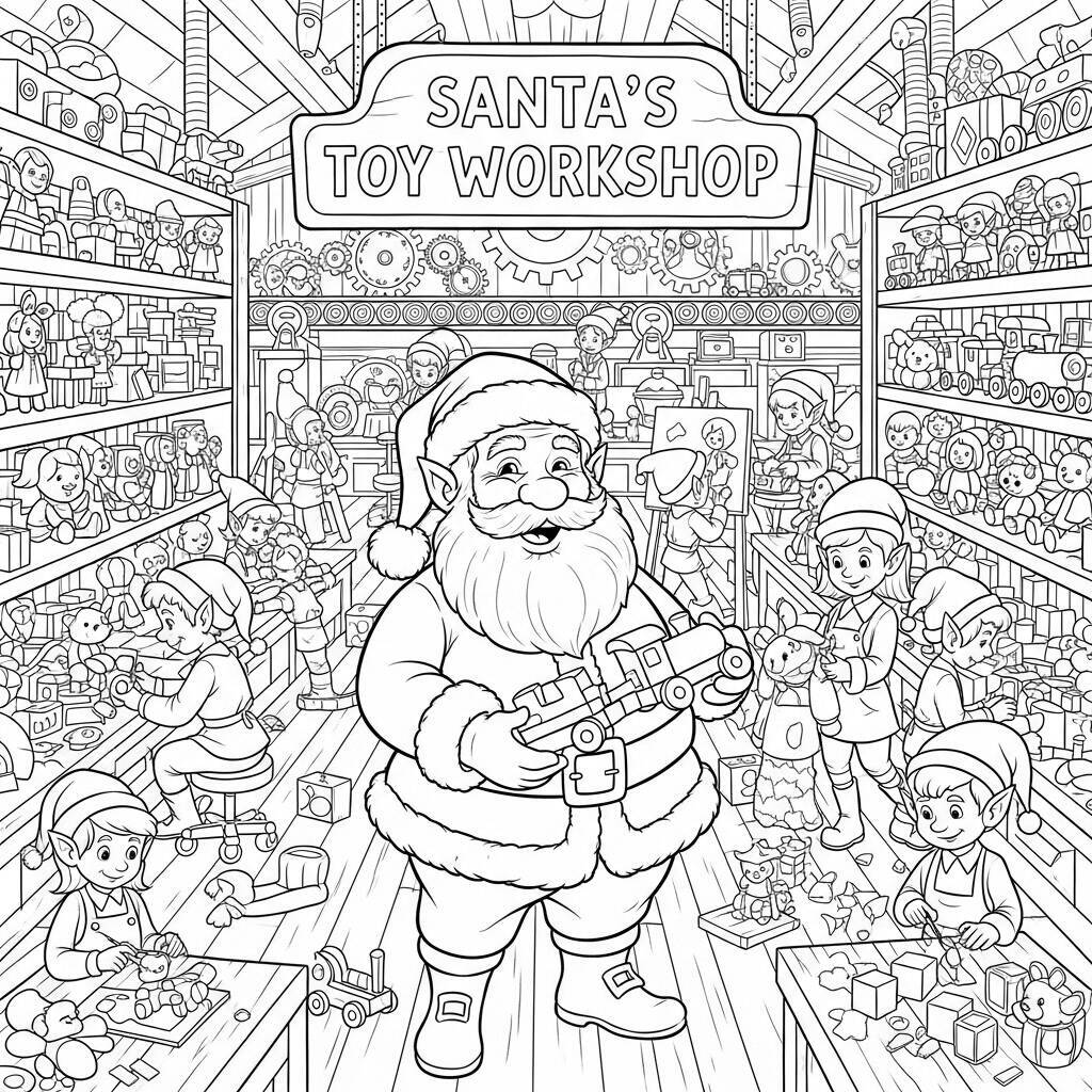 Desenho do Papai Noel e a Fábrica de Brinquedos para Colorir