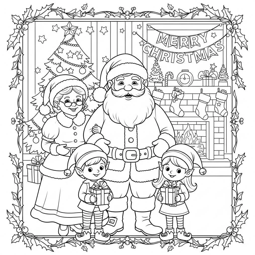 Desenho do Papai Noel e a Família para Colorir