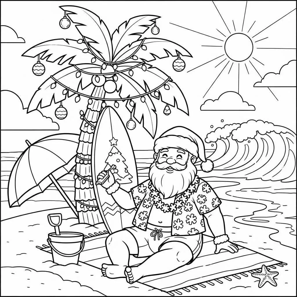 Desenho do Papai Noel e o Natal na Praia para Colorir