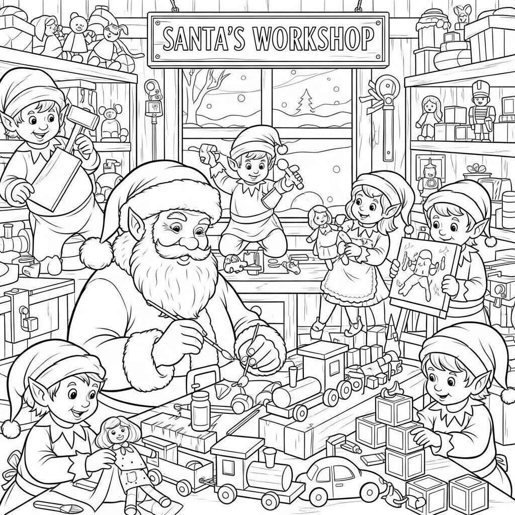 Desenho do Papai Noel e os Elfos para Colorir