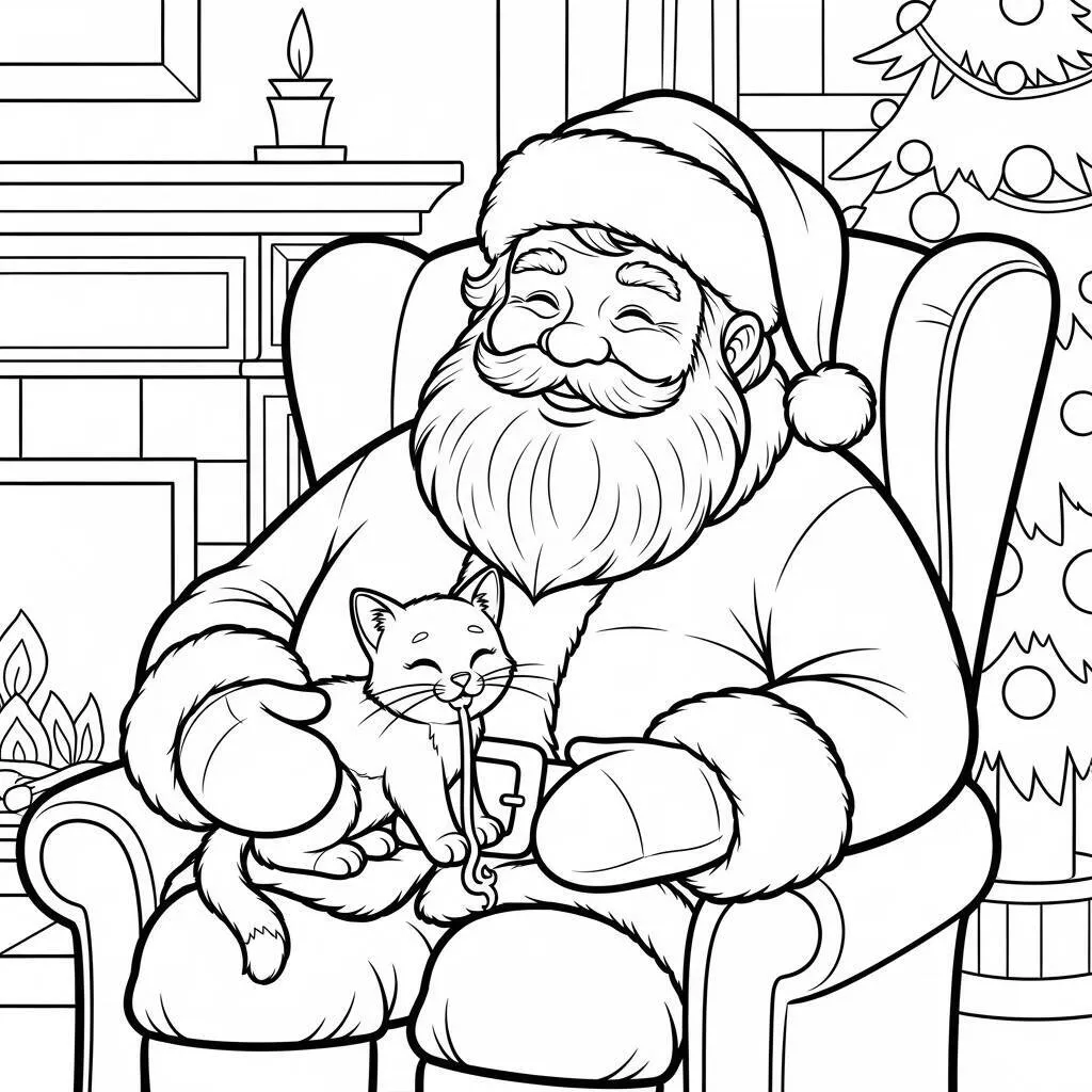 Desenho do Papai Noel e um Gato para Colorir