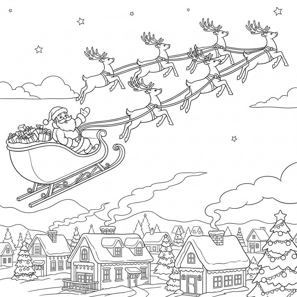 Desenho do Papai Noel em um Trenó com Renas para Colorir