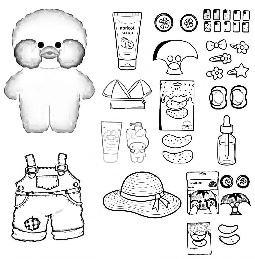 Desenho do Paper Duck com acessórios divertidos para colorir e recortar