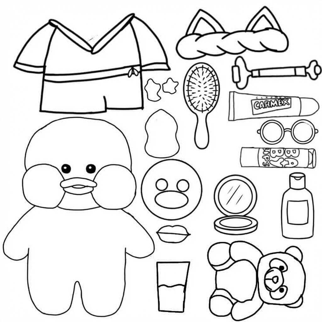 Desenho do Paper Duck com acessórios divertidos para colorir e recortar