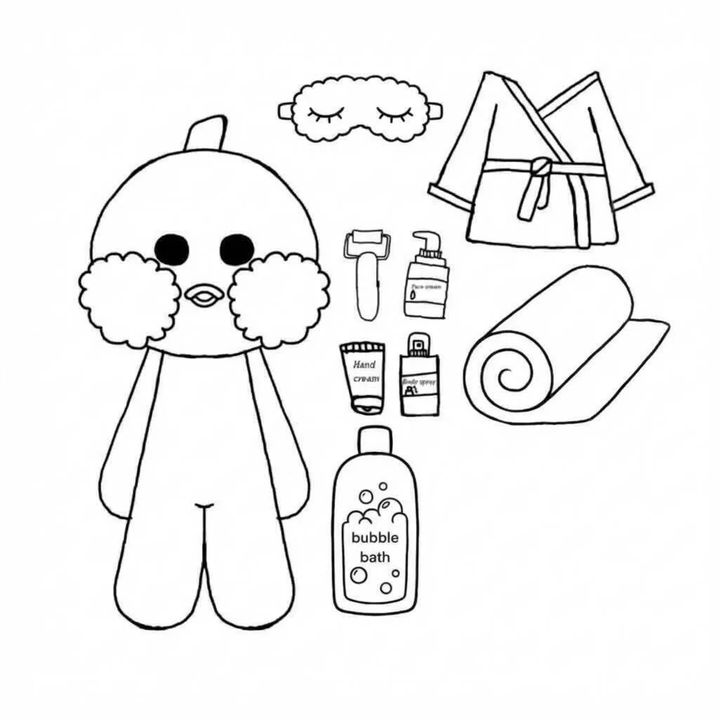 Desenho do Paper Duck com itens de spa para colorir