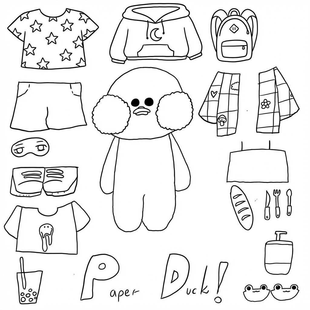 Desenho do Paper Duck com roupas divertidas para colorir