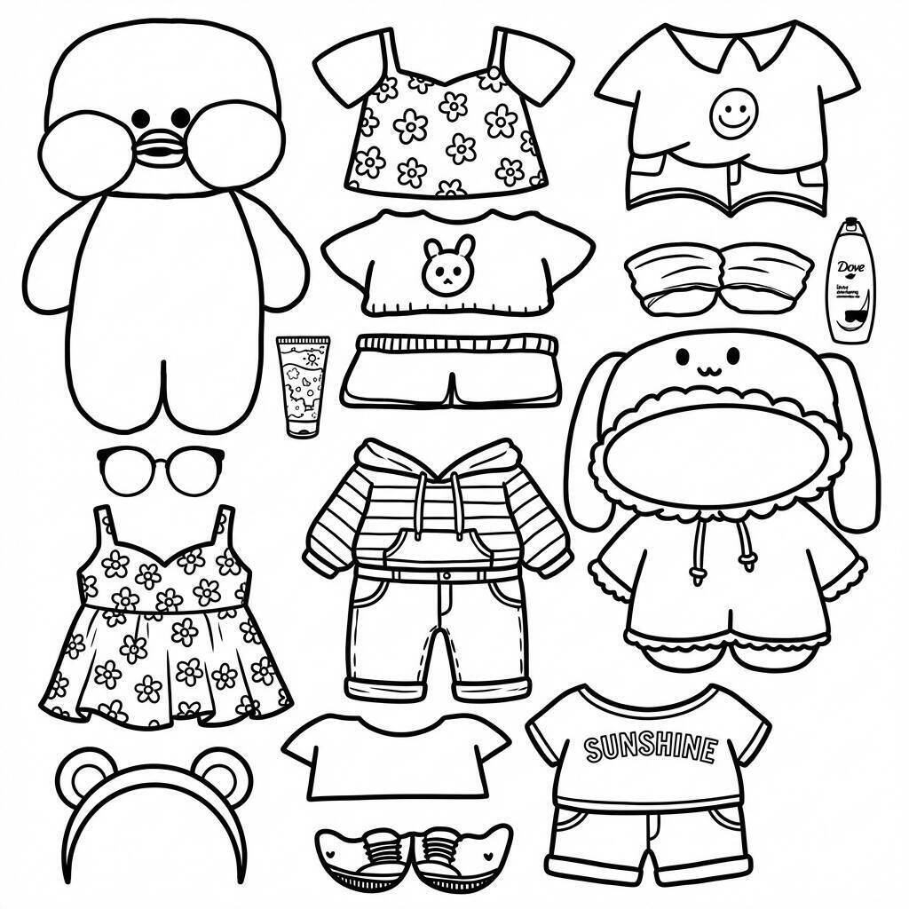 Desenho do Paper Duck com roupas divertidas para colorir