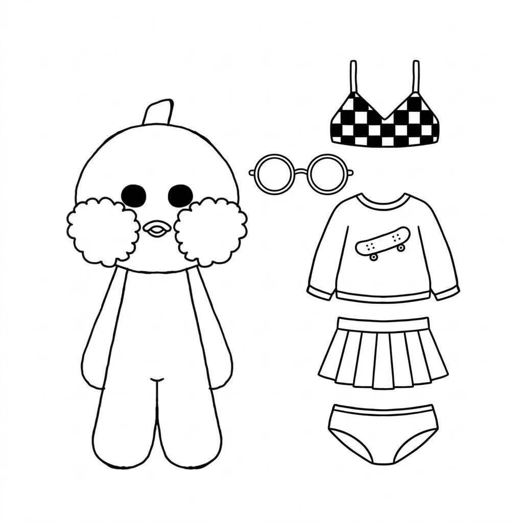 Desenho do Paper Duck com roupas e acessórios para colorir