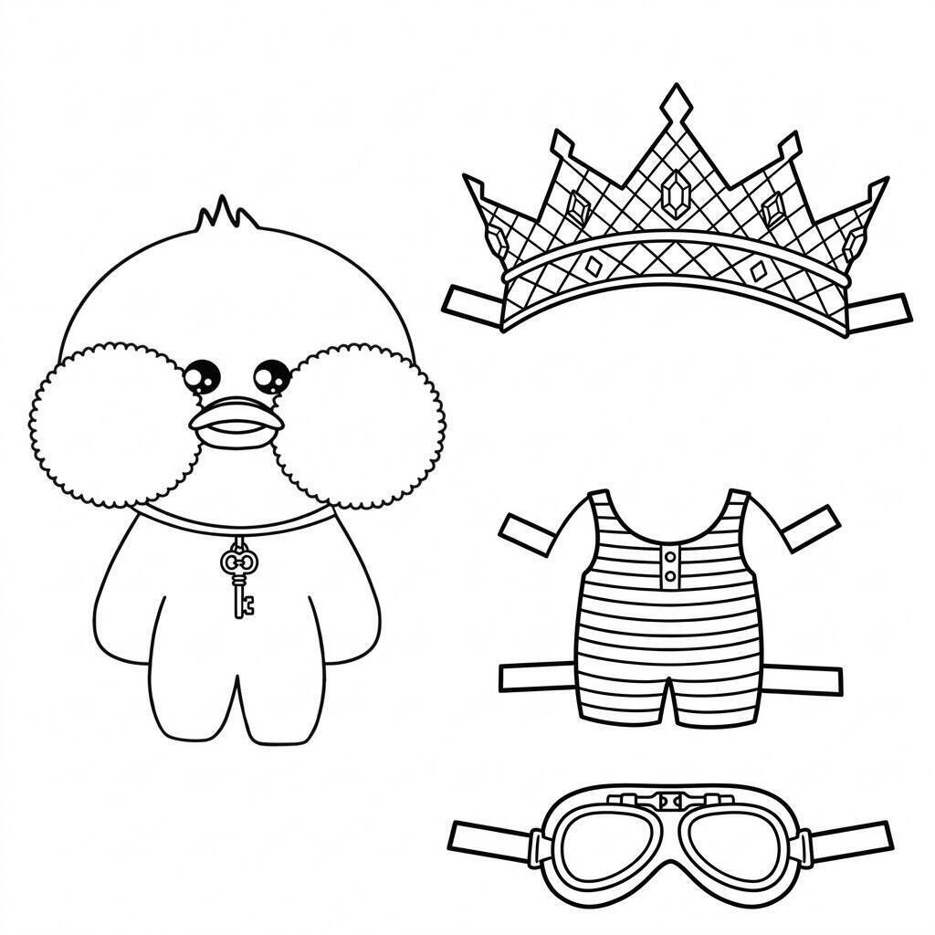 Desenho do Paper Duck com roupas e acessórios para colorir