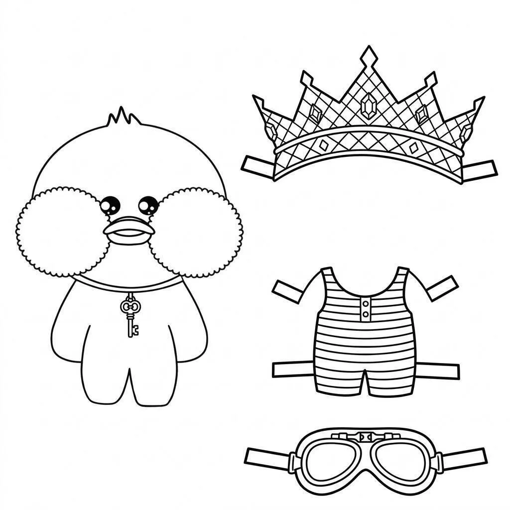 Desenho do Paper Duck com roupas e acessórios para colorir
