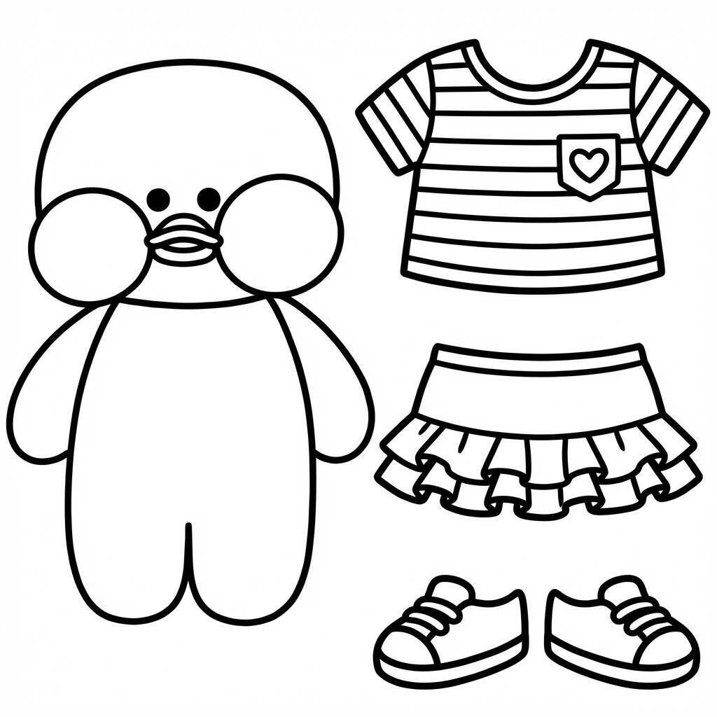 Desenho do Paper Duck com roupas e acessórios para colorir