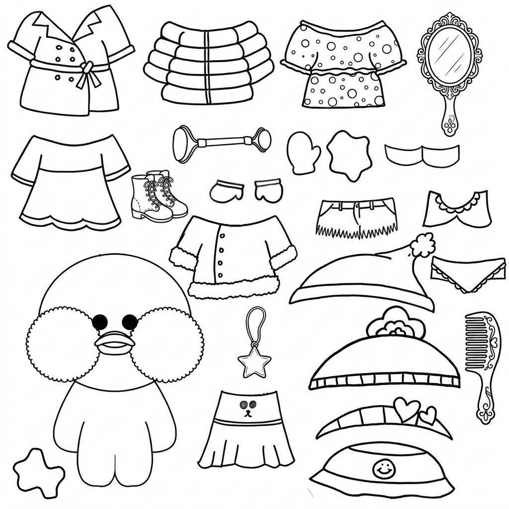 Desenho do Paper Duck com roupas e acessórios para colorir e recortar