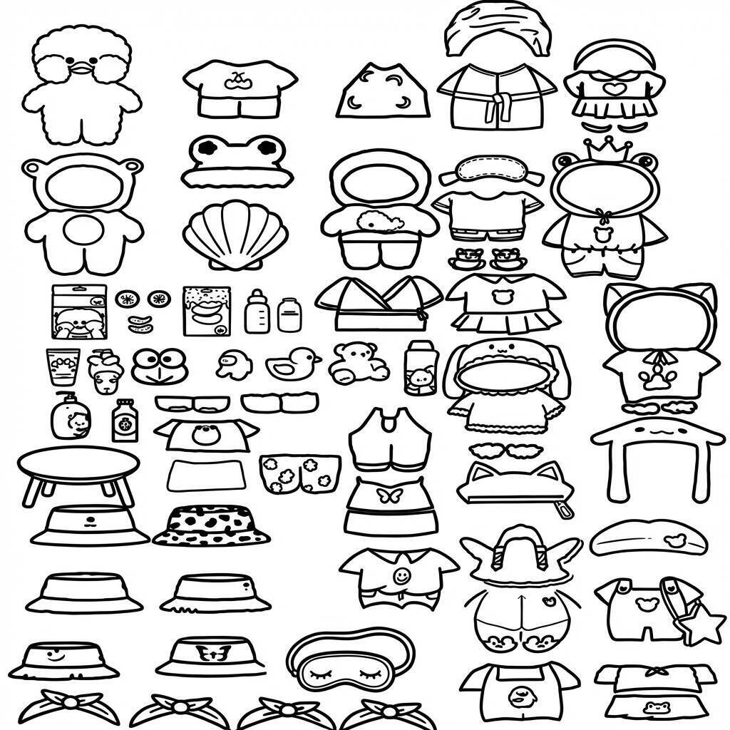 Desenho do Paper Duck com roupas e acessórios para colorir e recortar