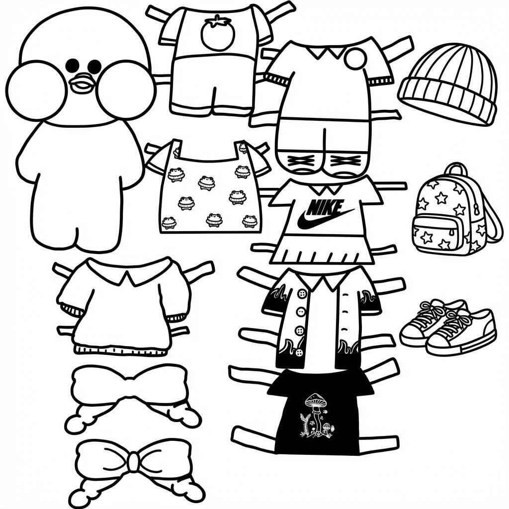 Desenho do Paper Duck com roupas e acessórios para colorir e recortar