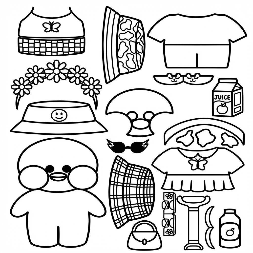 Desenho do Paper Duck com roupas e acessórios para colorir e recortar