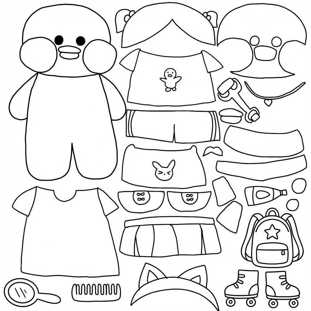 Desenho do Paper Duck com roupas e acessórios para colorir e recortar