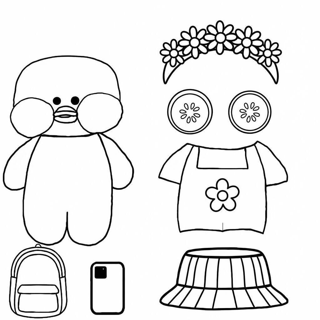 Desenho do Paper Duck com roupas e acessórios para colorir