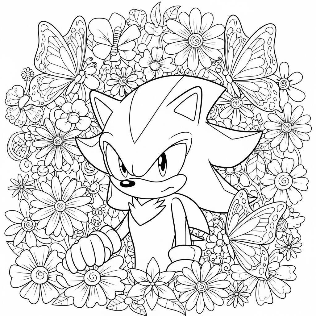 Desenho do Shadow The Hedgehog com Elementos de Natureza para Colorir