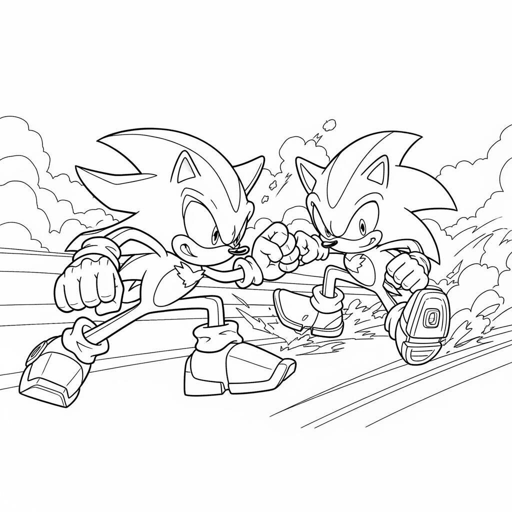 Desenho do Shadow The Hedgehog e o Sonic em Corrida para Colorir
