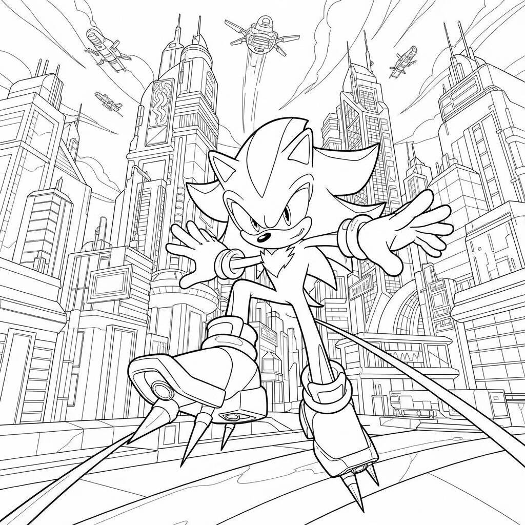 Desenho do Shadow The Hedgehog em um Cenário de Futuro para Colorir