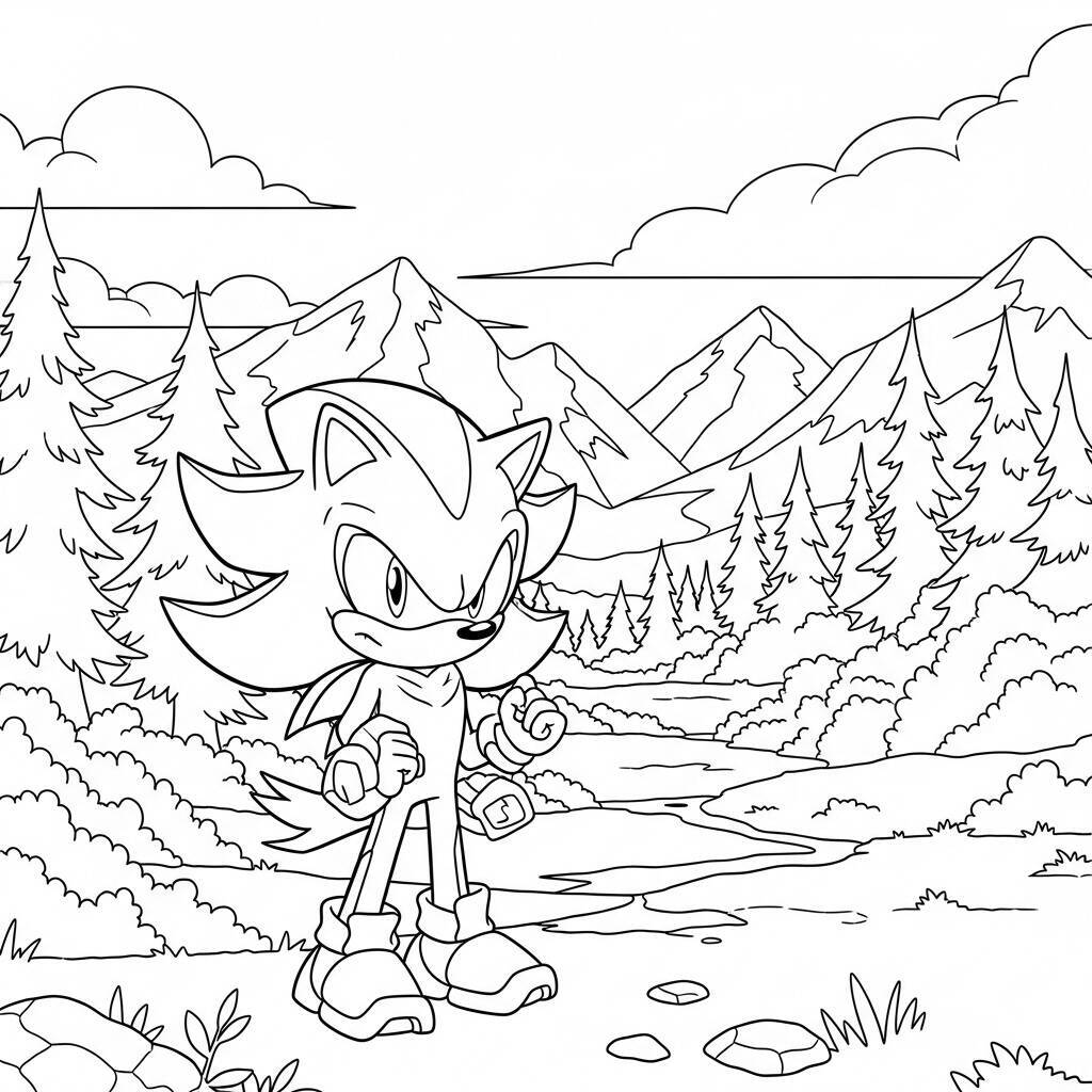 Desenho do Shadow The Hedgehog em uma Paisagem Natural para Colorir