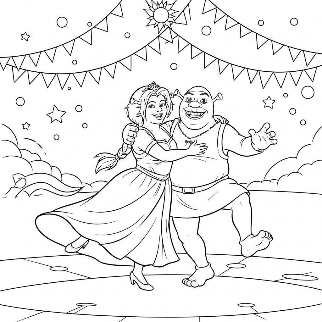 Coloriage Shrek et Fiona dansant