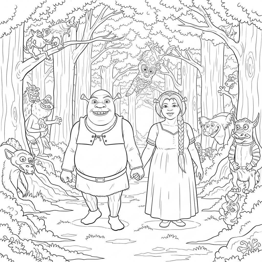 Coloriage Shrek et Fiona dans la forêt