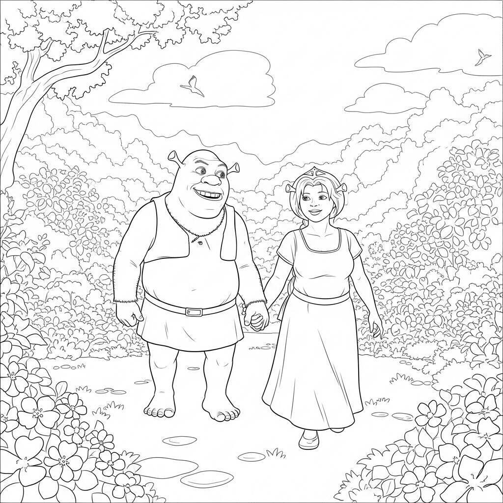 Coloriage Shrek et la princesse Fiona se tenant la main