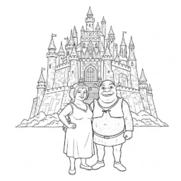 Desenho do Shrek e a Princesa Fiona em um Castelo para Colorir