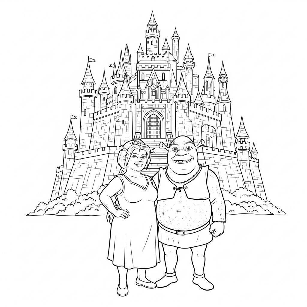 Coloriage Shrek et la princesse Fiona dans un château