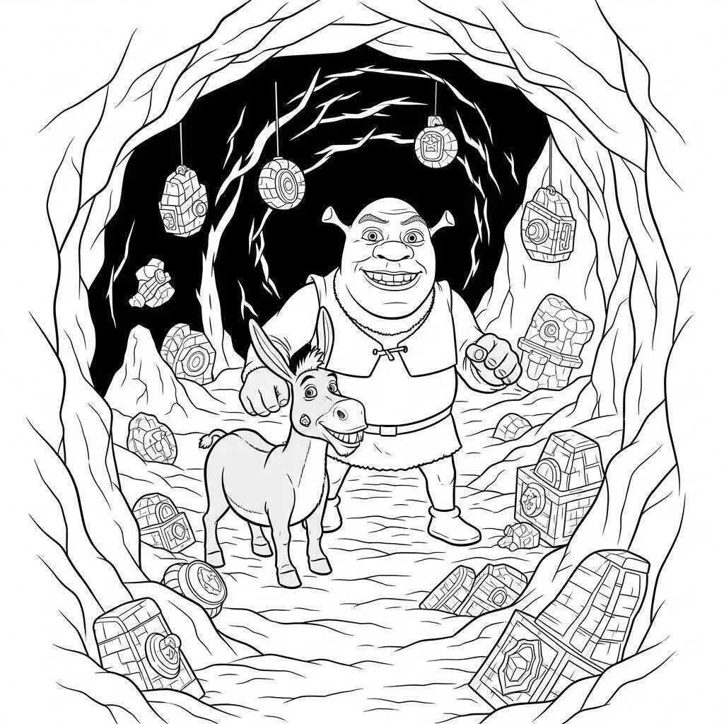 Desenho do Shrek e o Burro em uma Caverna para Colorir