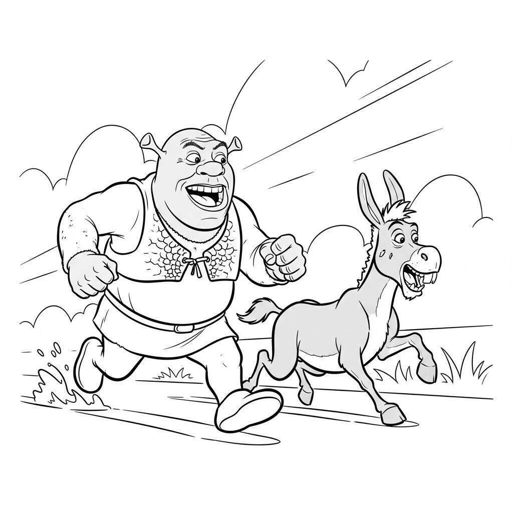 Coloriage Shrek et son âne dans une course