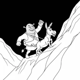 Coloriage Shrek et un âne dans une montagne
