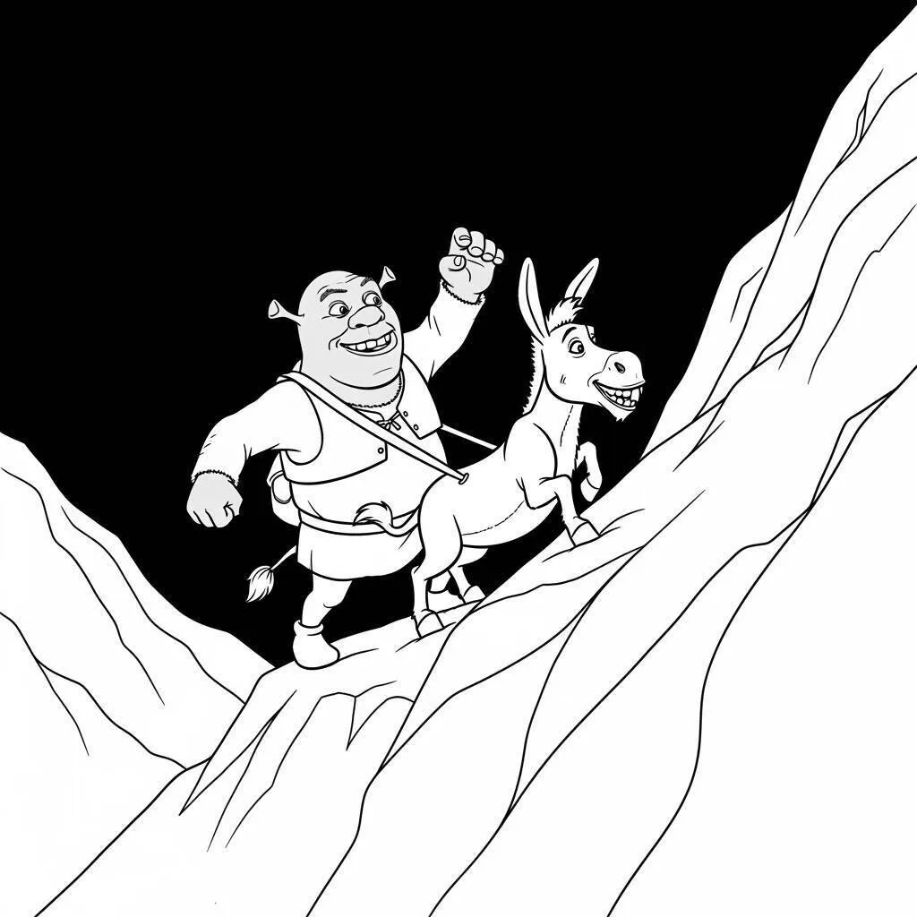 Desenho do Shrek e o Burro em uma Montanha para Colorir