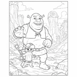 Desenho do Shrek e o Gato de Botas em uma Aventura para Colorir