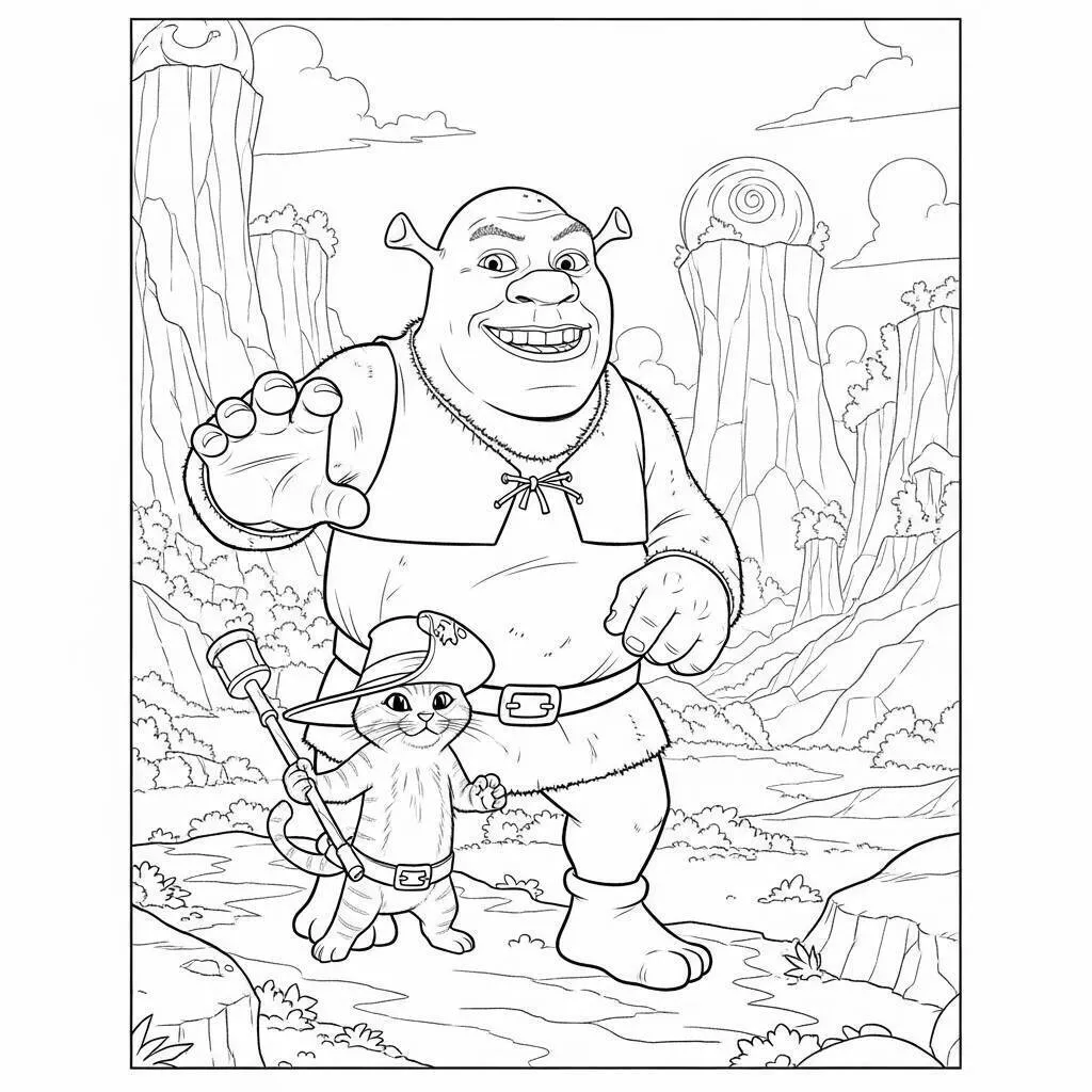 Desenho-do-Shrek-e-o-Gato-de-Botas-em-uma-Aventura-para-Colorir Desenho do Shrek e o Gato de Botas em uma Aventura para Colorir
